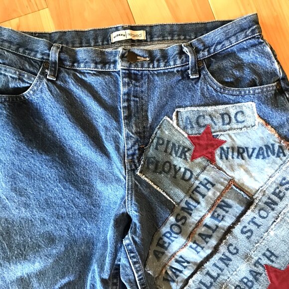 Women’s Patchwork Jeans, Size 16P: 1980s Rock Band Patches, Retro Hippie Pants - Picture 7 of 11